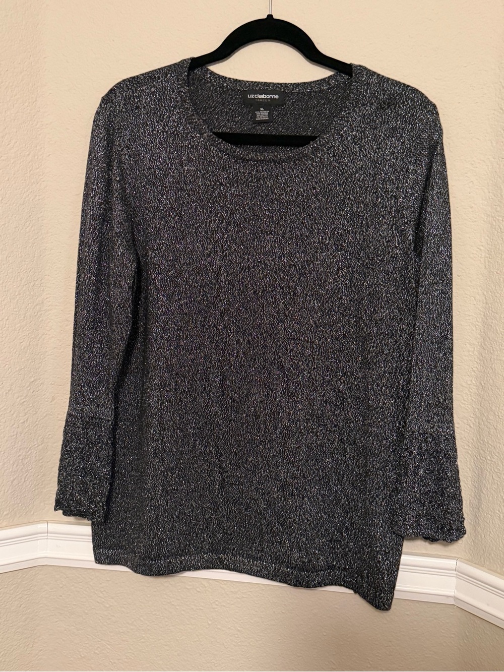 Liz Claiborne Shimmery Knit Long Sleeve Top - Black/Silver